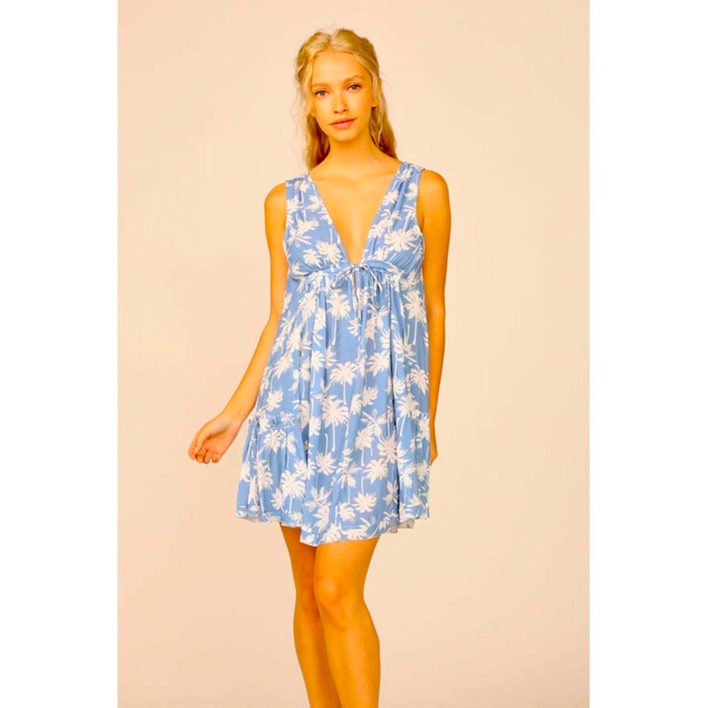 Blue All Over Palm Tree Print Mini Swing Dress/Swim Cover-up BNWT